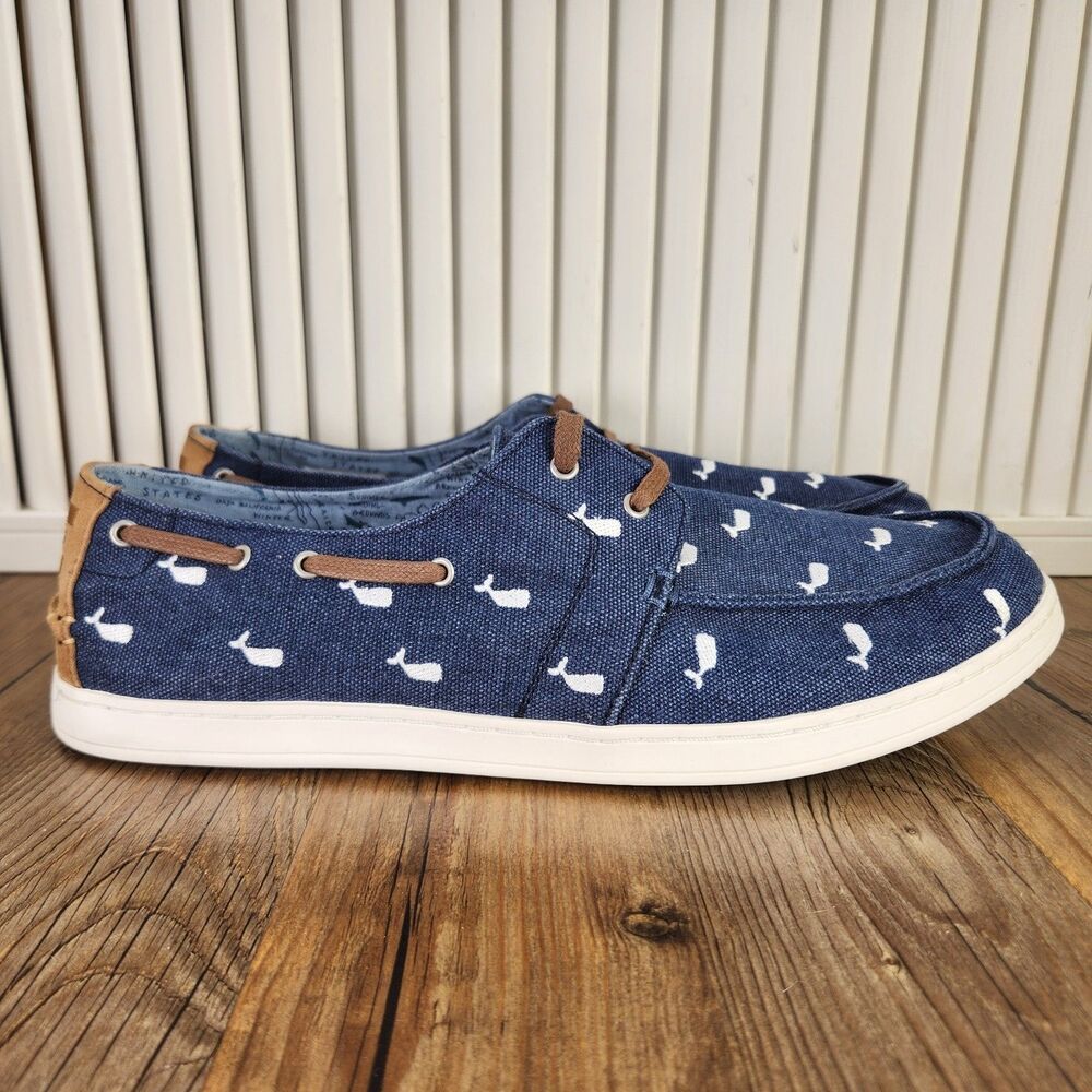 Toms Oceana Whale Print Boat Shoes Men's 12 Blue Canvas Casual Comfort Dockside